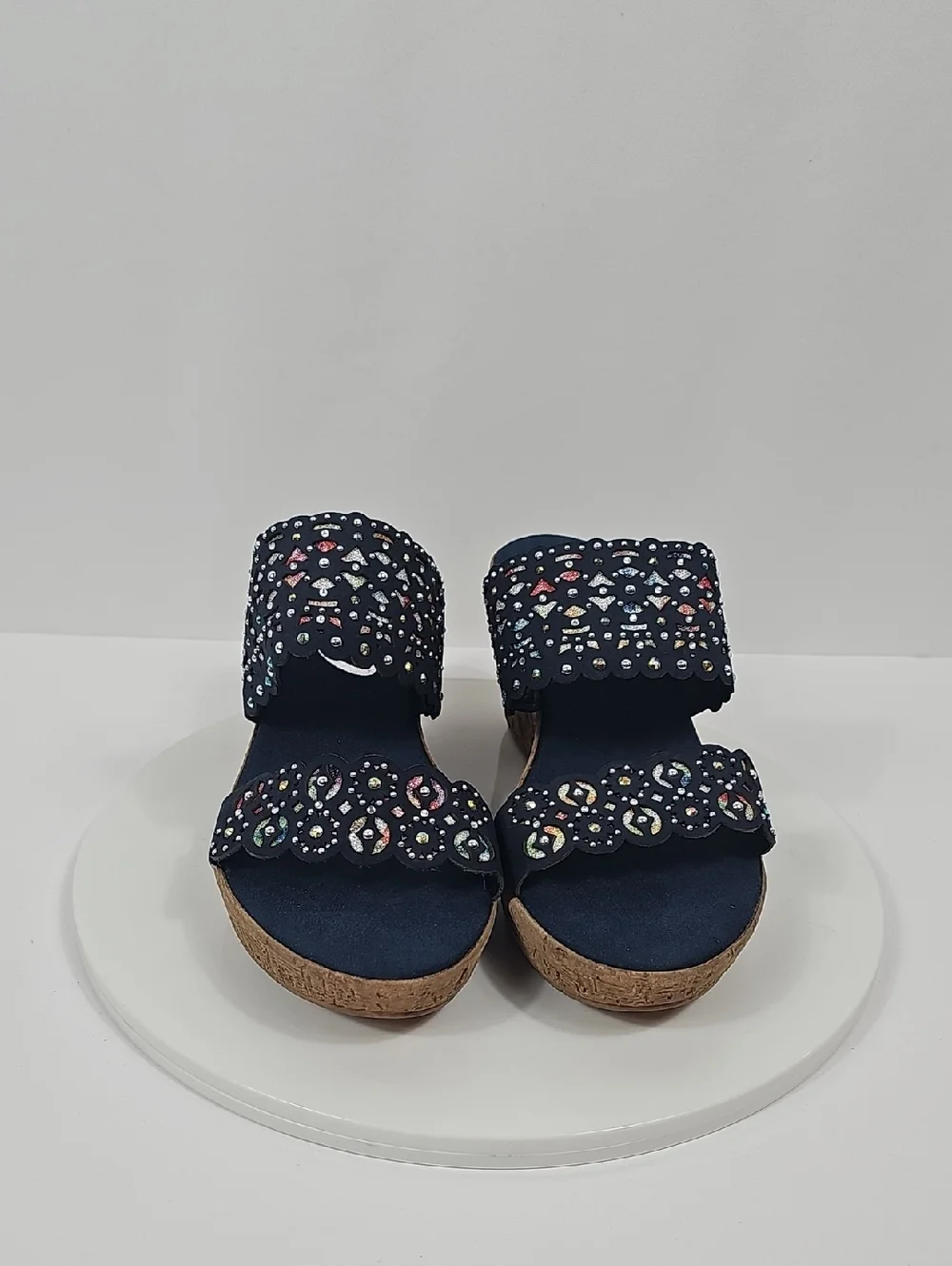 NIB Onex Oppal Beaded Cork Wedge Slides Rhinestone Laser Cut Navy Blue 9